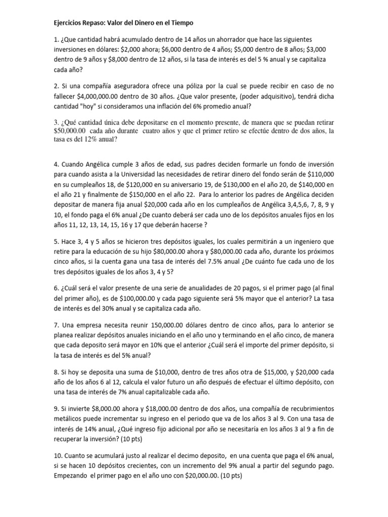 Ejercicios sobre Valor del Dinero en el Tiempo | PDF | Economias | Dinero