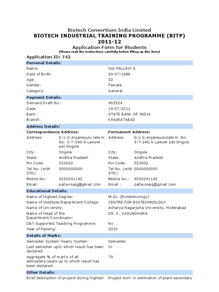 BITP Application Form for Biotech Students | PDF