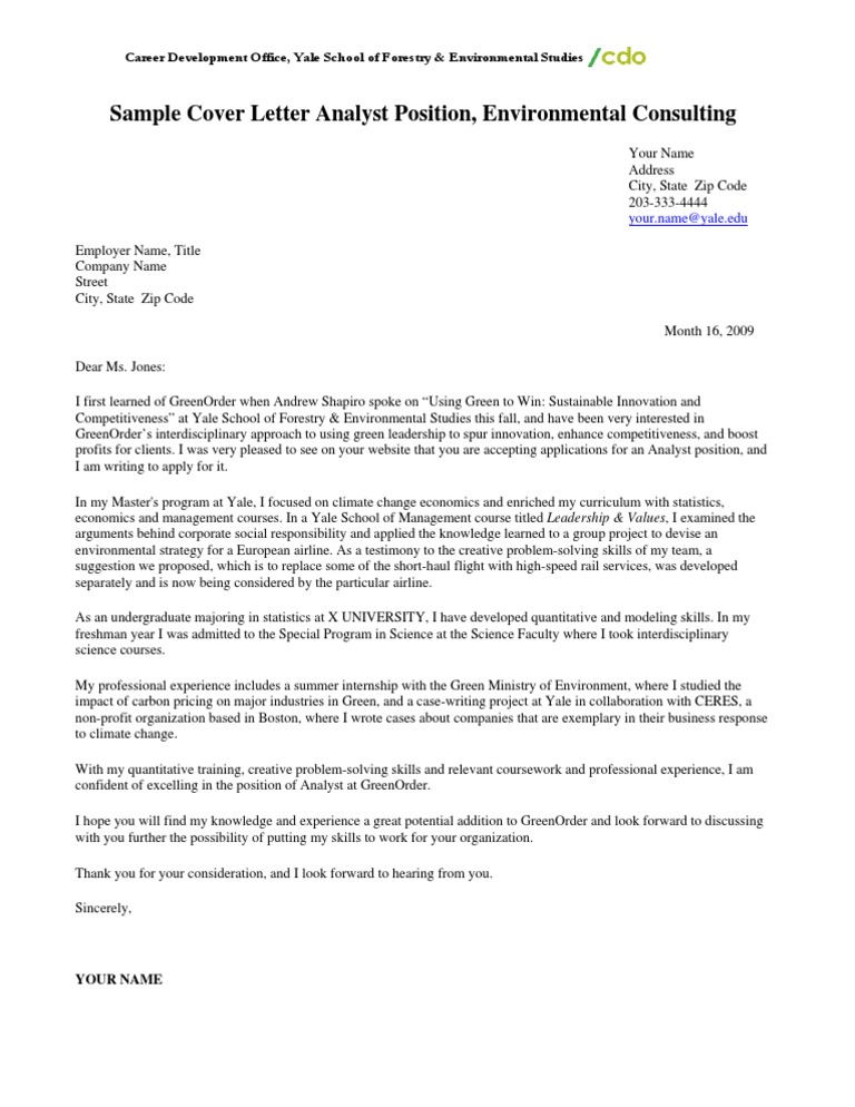 Analyst Consulting Cover Letter Sample