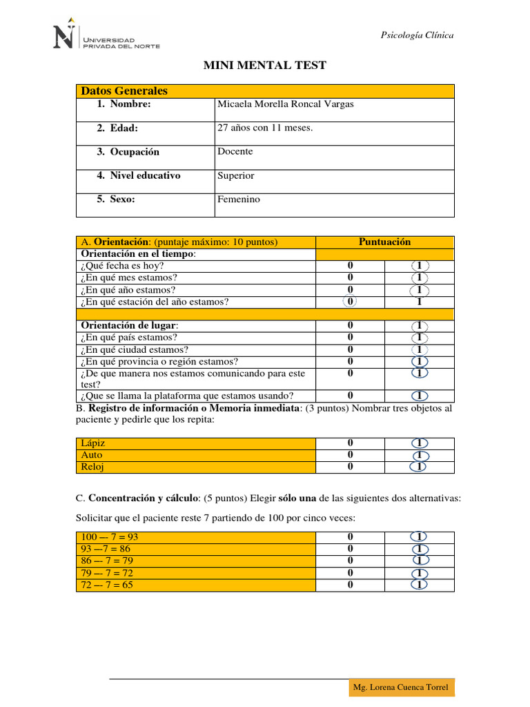 Evaluación Mini Mental Test | PDF | Sicología