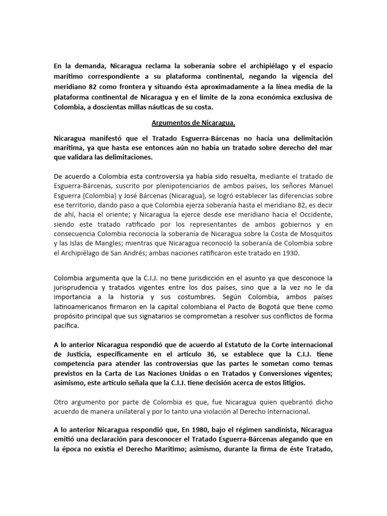 Caso Nicaragua VS Colombia (Argumentos y Replicas) PDF Relaciones
