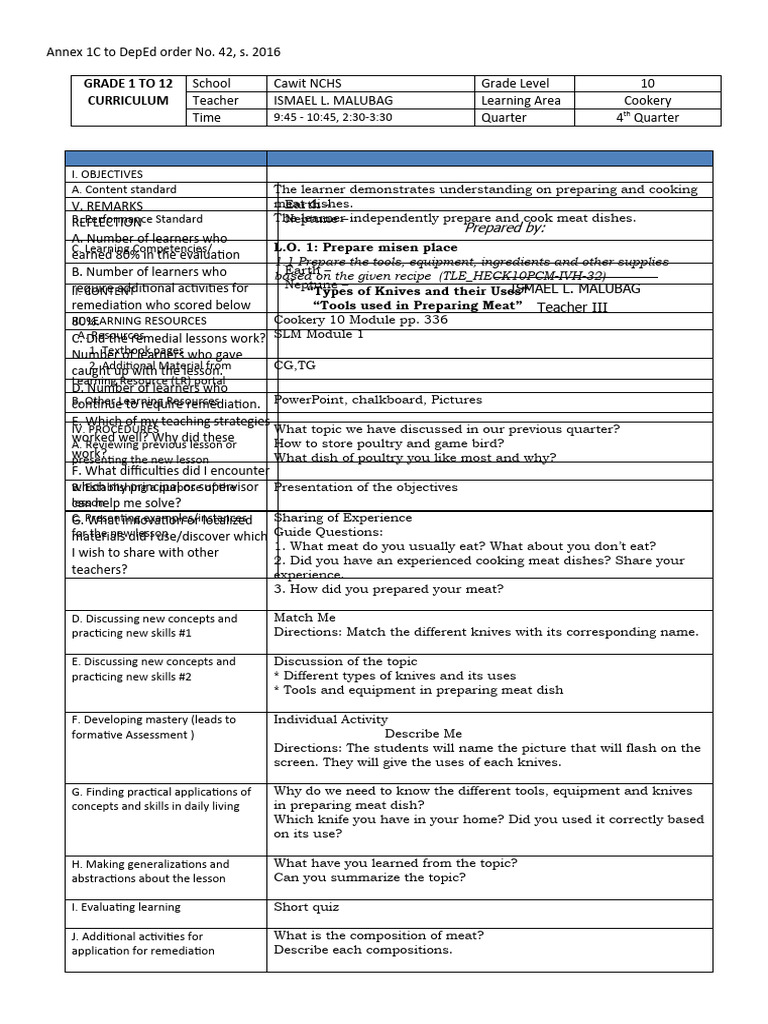 Dll Cookery 10 4th Quarter Pdf Learning Curriculum
