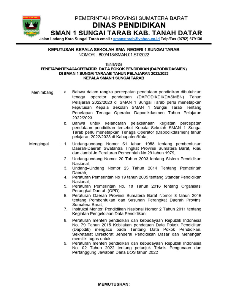 Sk Operator Dapodik Tahun 2022 2023 Pdf