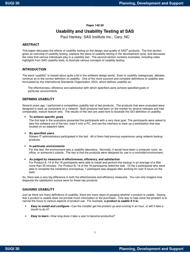 Usability and Usability Testing at SAS: Paul Hankey, SAS Institute Inc ...
