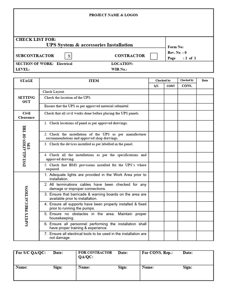 UPS System Installation Checklist | PDF | Manufactured Goods | Equipment