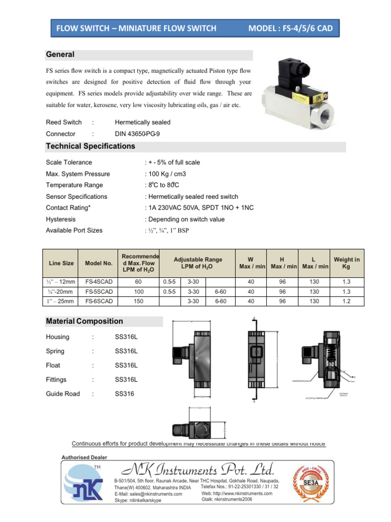 Flanged Type Miniature Flow Switch | PDF | Switch | Electrical Engineering