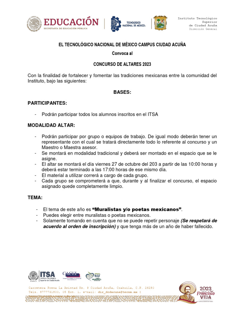Concurso de Altares 2023 ITSA Ciudad Acuña | PDF