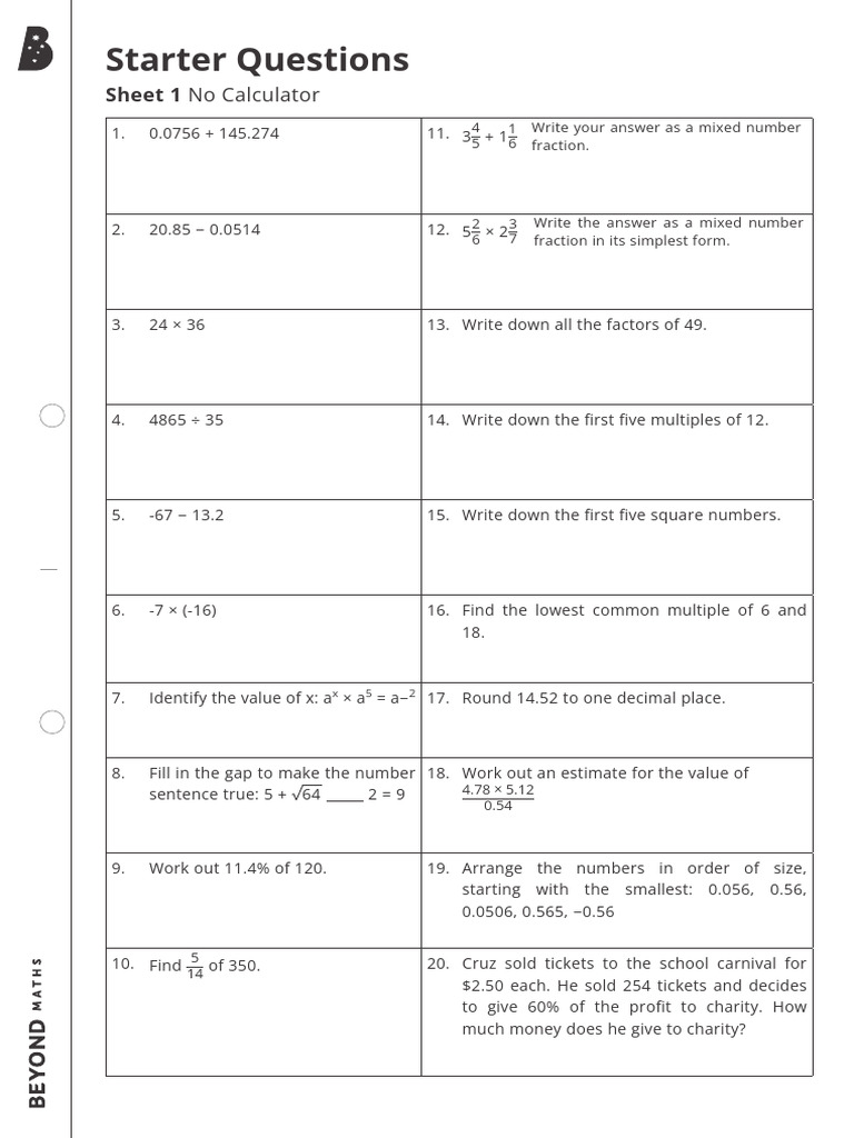 Numeracy Starter Questions - Sheet 1 | PDF
