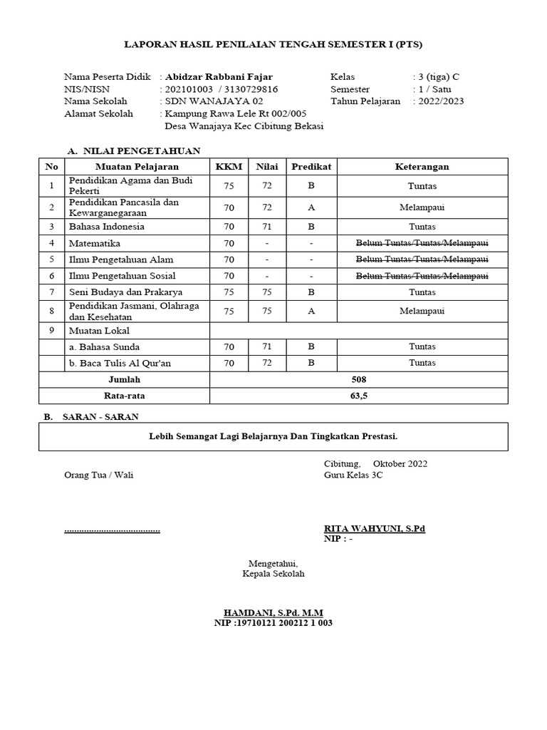 Laporan PTS Kelas 3C SDN Wanajaya 02 | PDF