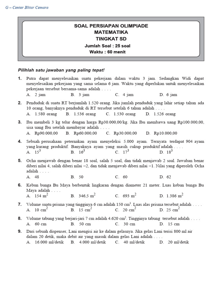 Soal Olimpiade Matematika Sd 2022 Pdf