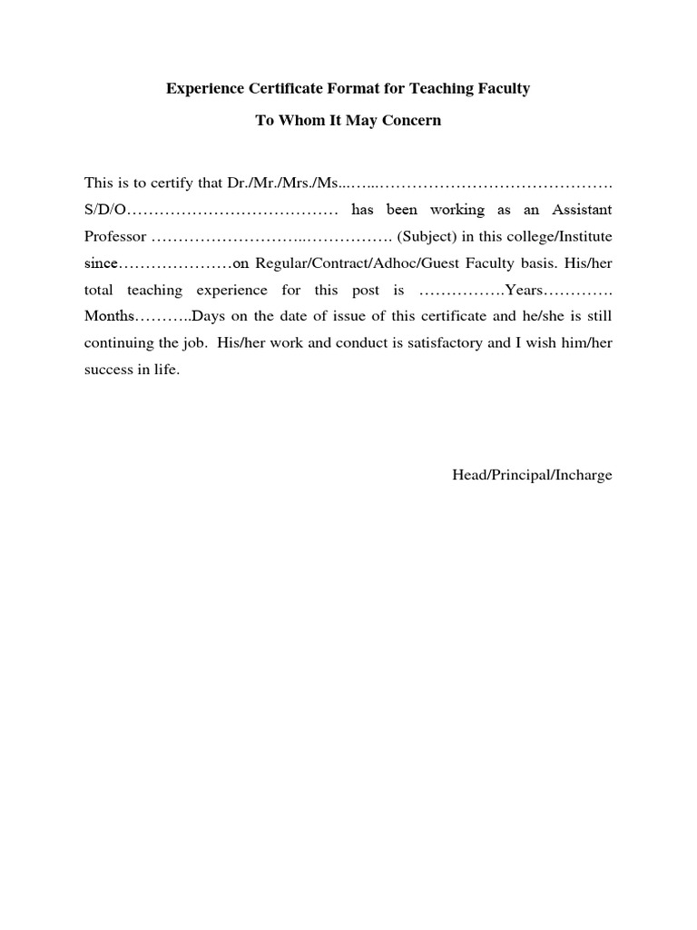 Assistant Professor Experience Certificate Format | PDF