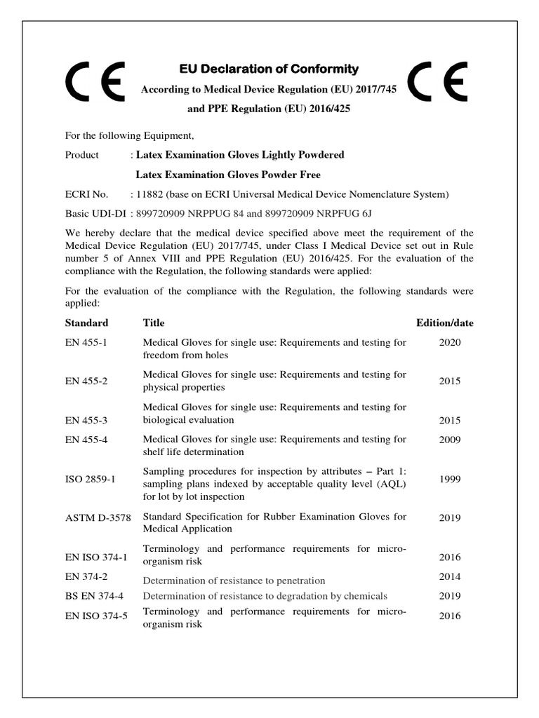 Eu declaration of conformity latex ug 2022 mdr ppe srn pdf