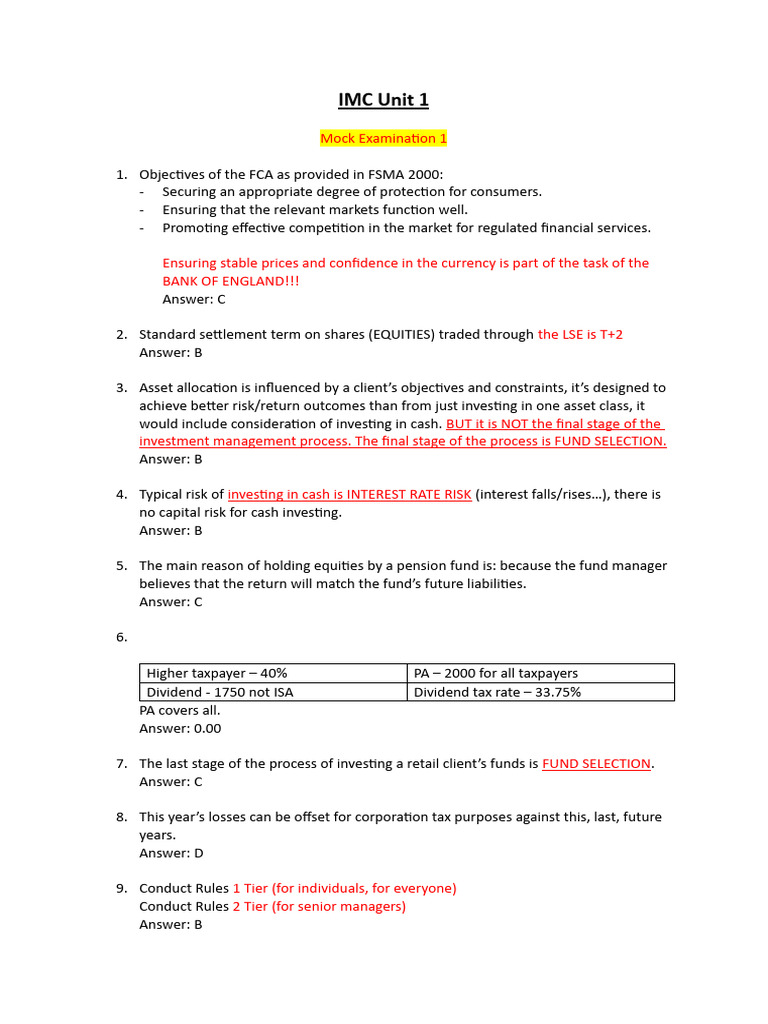 IMC UNIT 1 Mock 1 Kit PDF Investing Investment Management