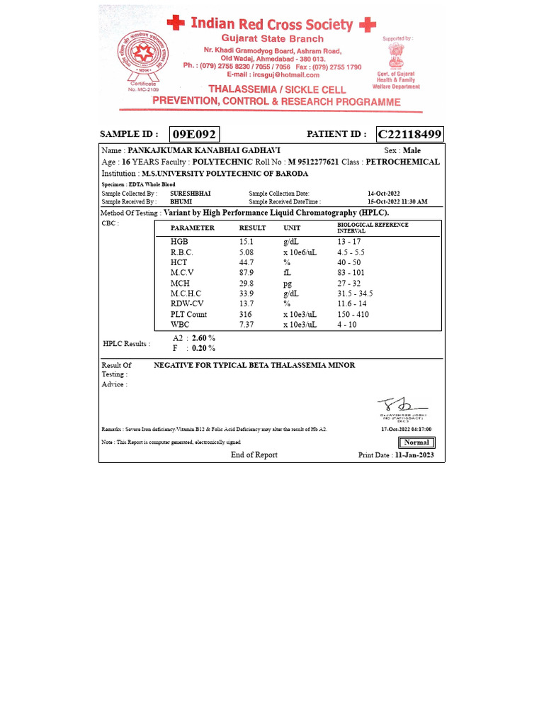 Sample Id: Patient Id:: Variant by High Performance Liquid ...