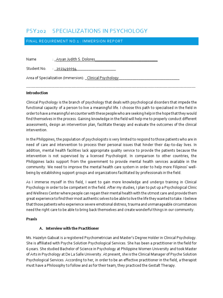 Clinical Psychology Immersion Report | PDF | Psychotherapy | Clinical ...