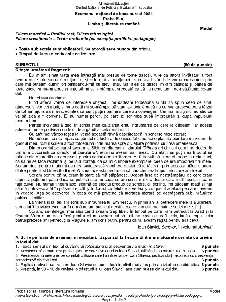 Model Subiect BAC 2024 Romana Real Tehn PDF