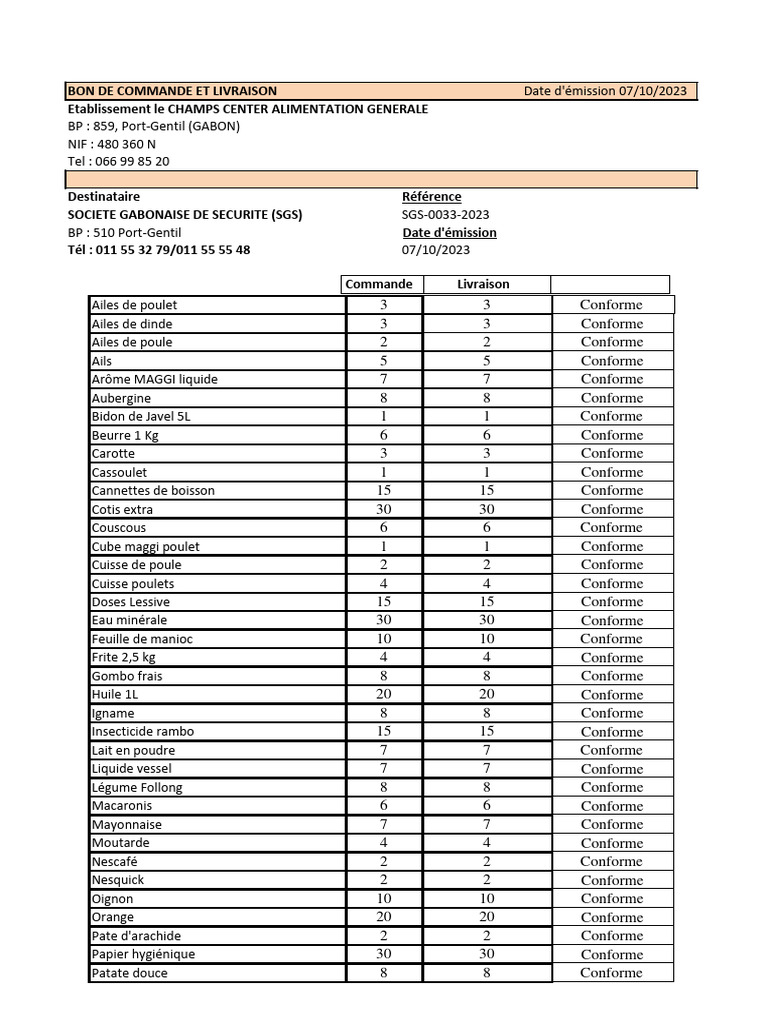 Bon de Commande et Livraison - Oct 2023 | PDF | Cuisine | Nourritures