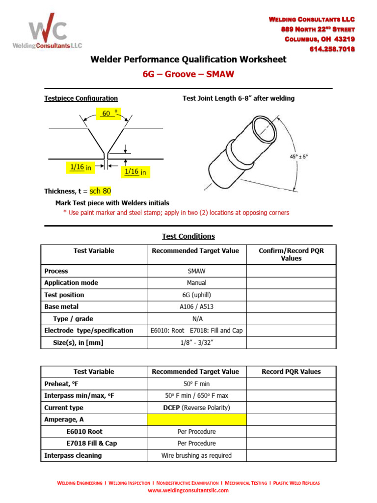 Welder Worksheet ASME SMAW 6G PDF Welding Construction