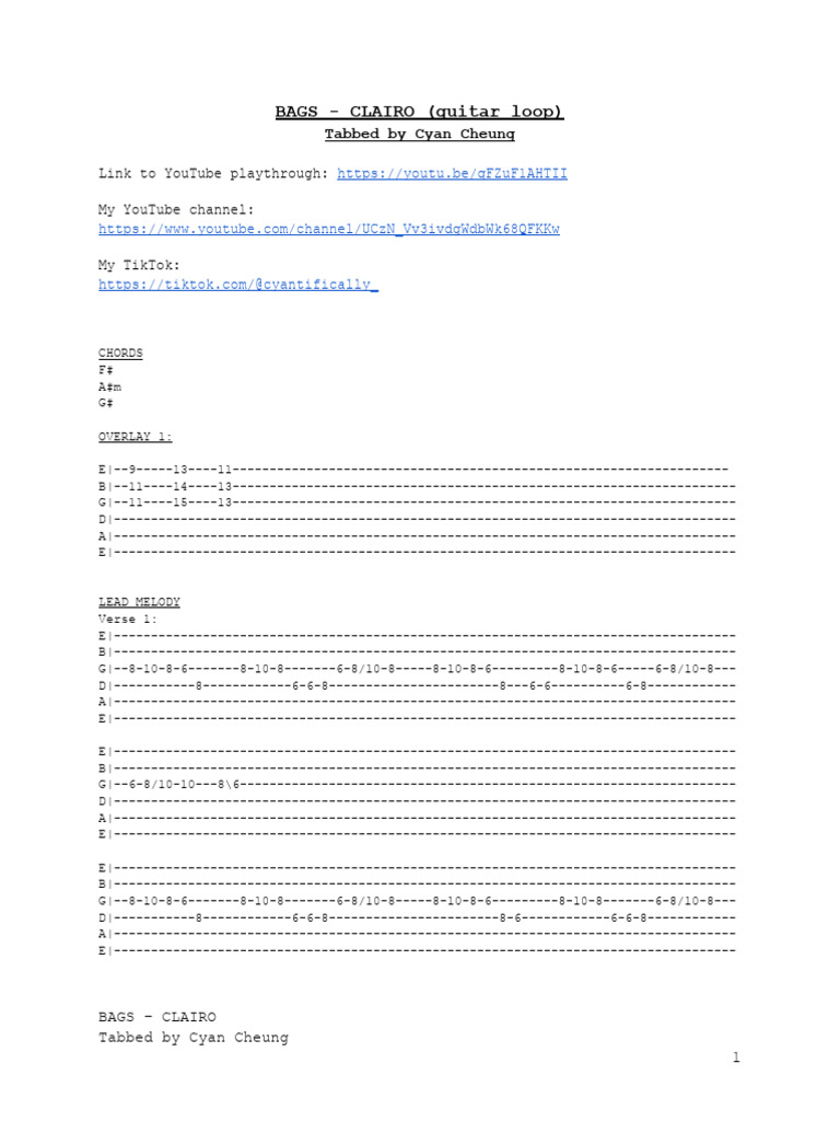 BAGS CLAIRO Guitar Tabs PDF Song Structure Musical Forms