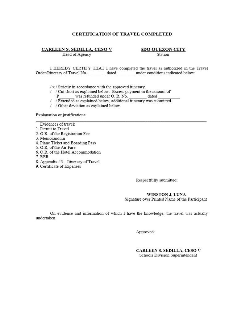 Travel Certification by Carleen S. Sedilla | PDF
