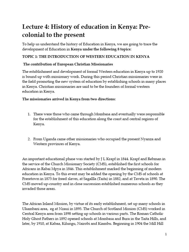 LECTURE 4 +5 History of Education in Kenya PreColonial To The