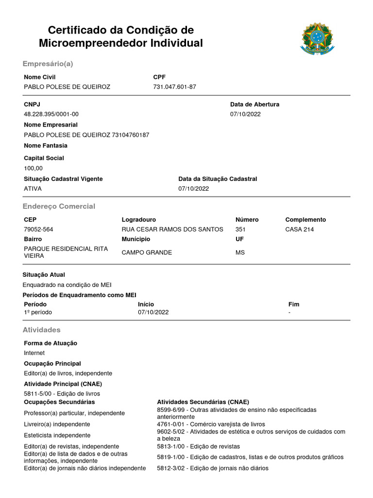 Certificado de MEI: Pablo Polese de Queiroz | PDF