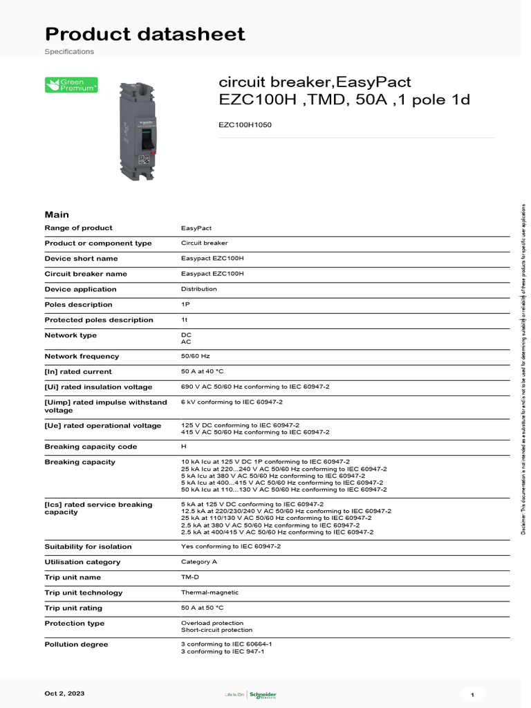 EasyPact EZC100H Circuit Breaker Datasheet | PDF | Alternating Current ...