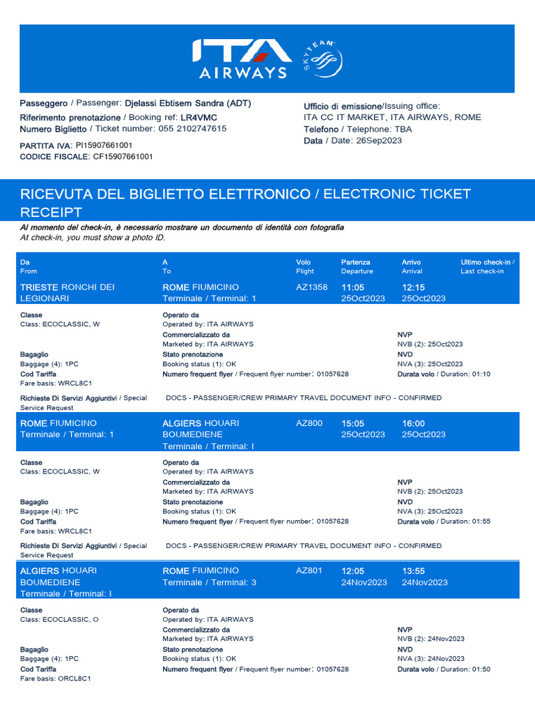 Le Ricevute Elettroniche Di Viaggio Per EBTISEM SANDRA DJELASSI Del ...