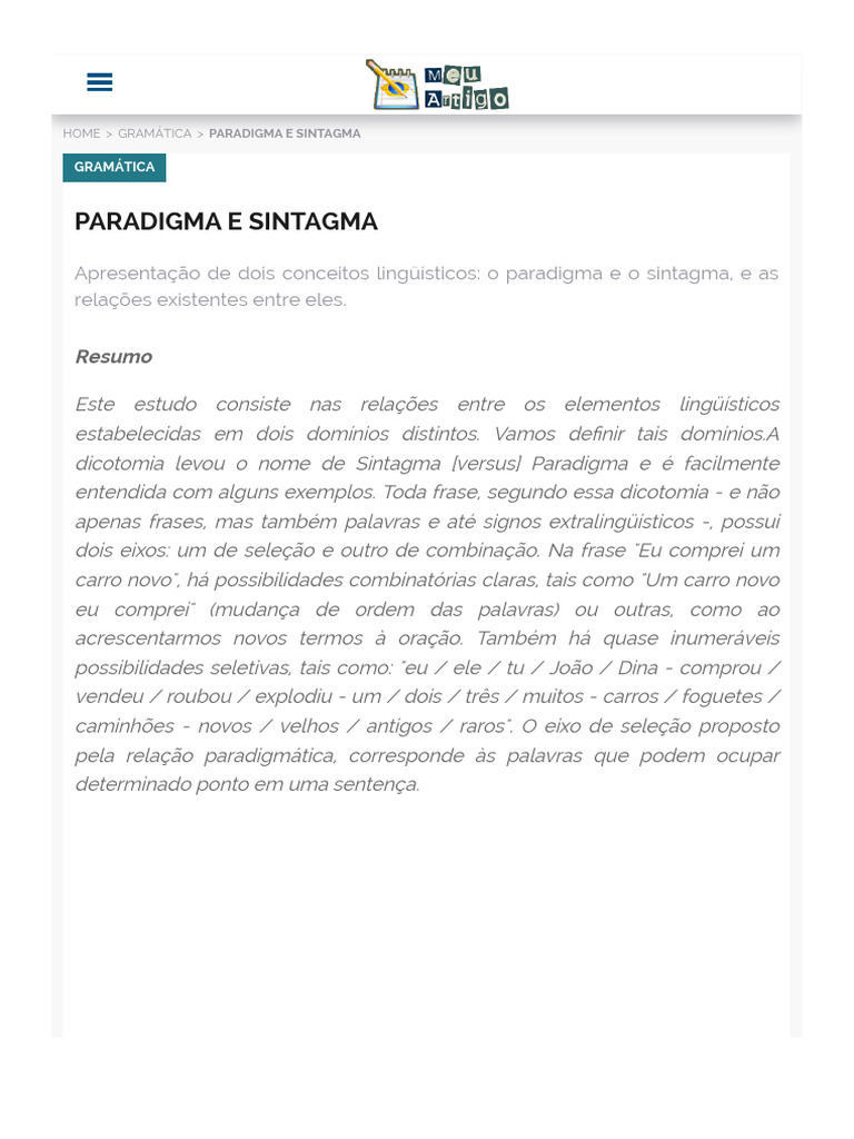 Paradigma e Sintagma - Brasil Escola | PDF | Paradigma | Linguística