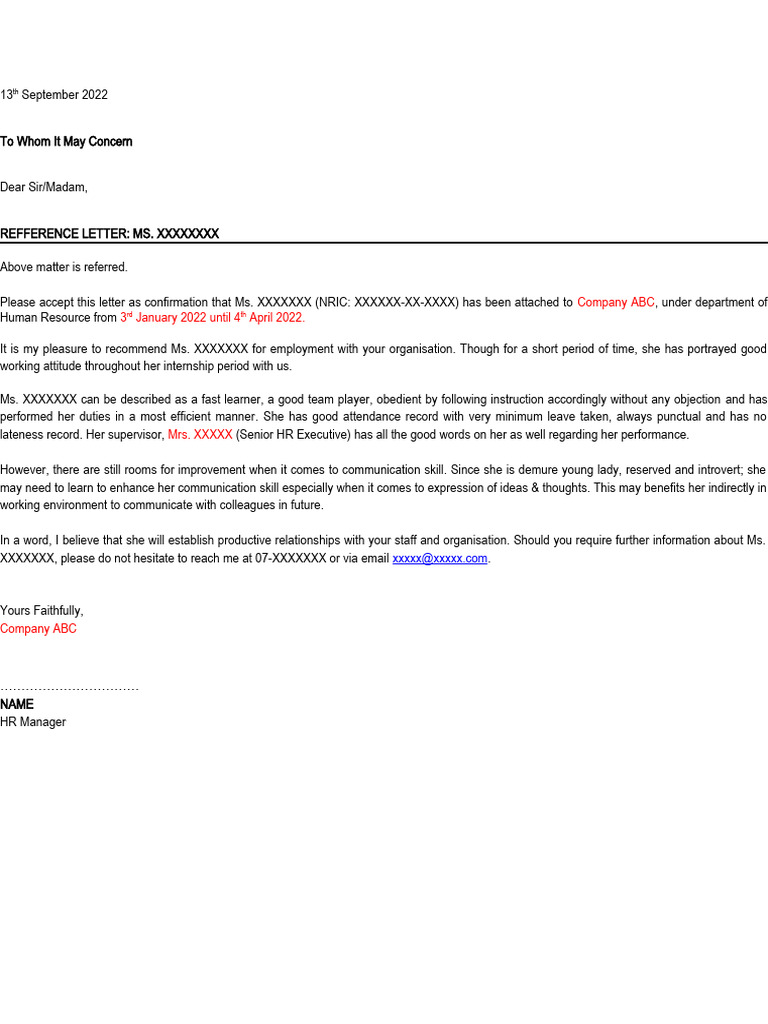 Internship Reference Letter for Ms. XXXXXXX | PDF | Career & Growth ...