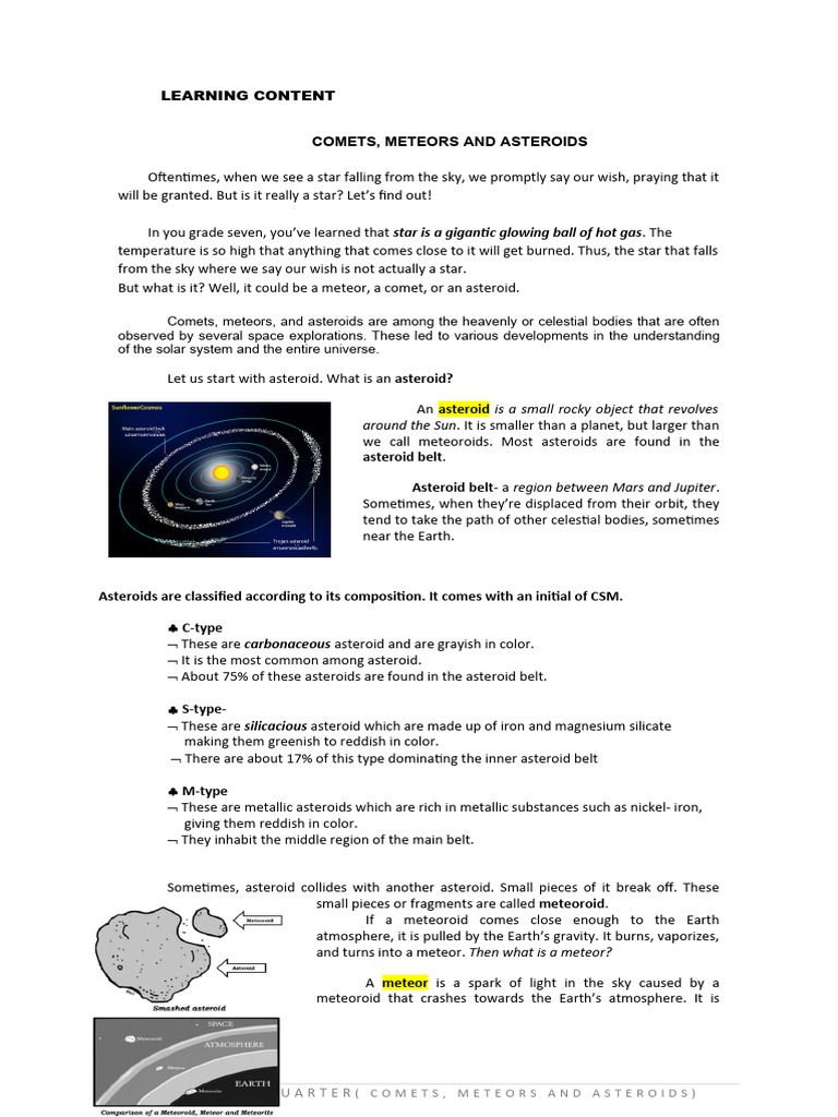 Comets Meteors And Asteroid Handouts Pdf Meteoroid Comet