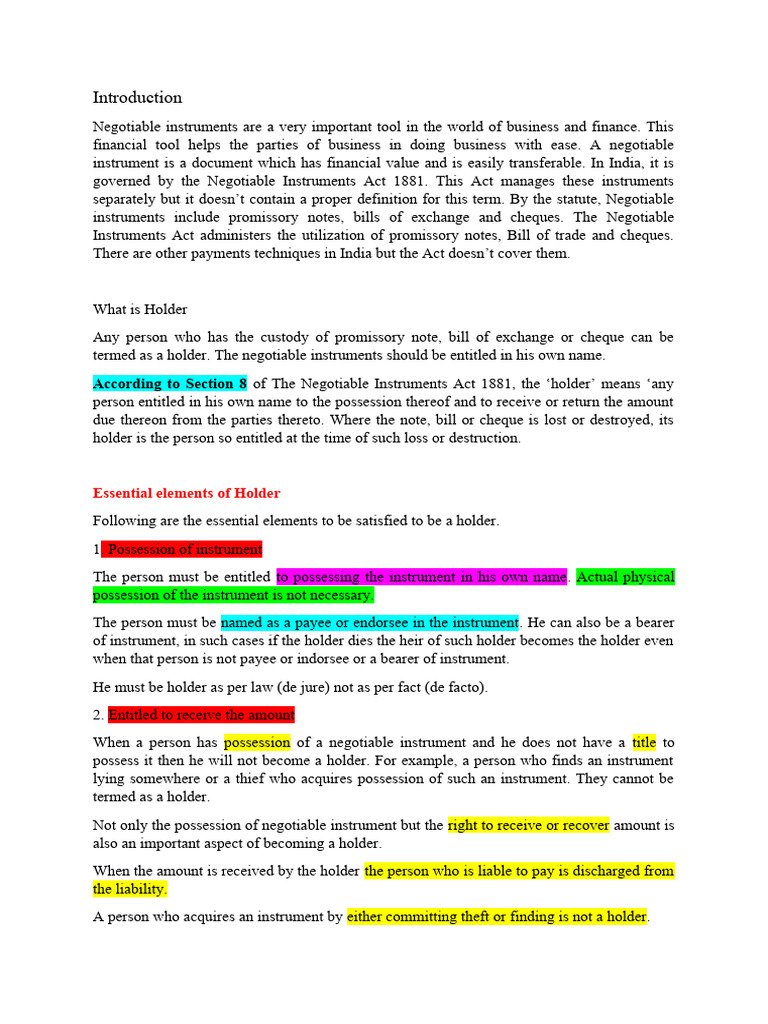 Holder and Holder in Due Course PDF Negotiable Instrument Cheque