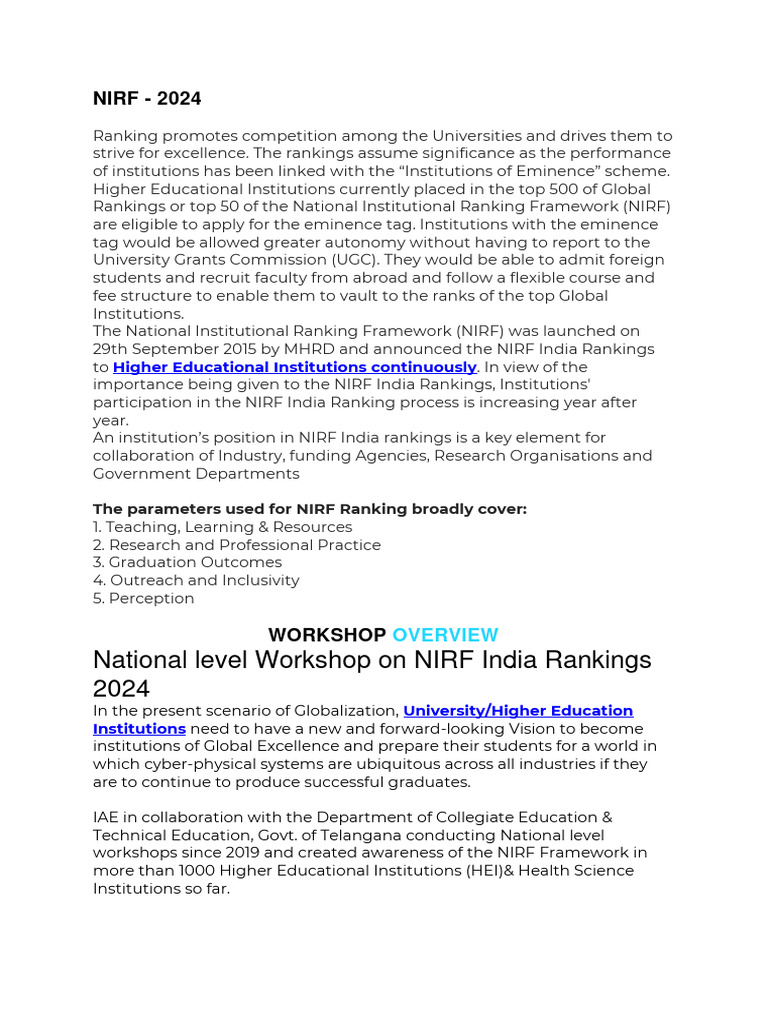 National Level on NIRF India Rankings 2024 PDF