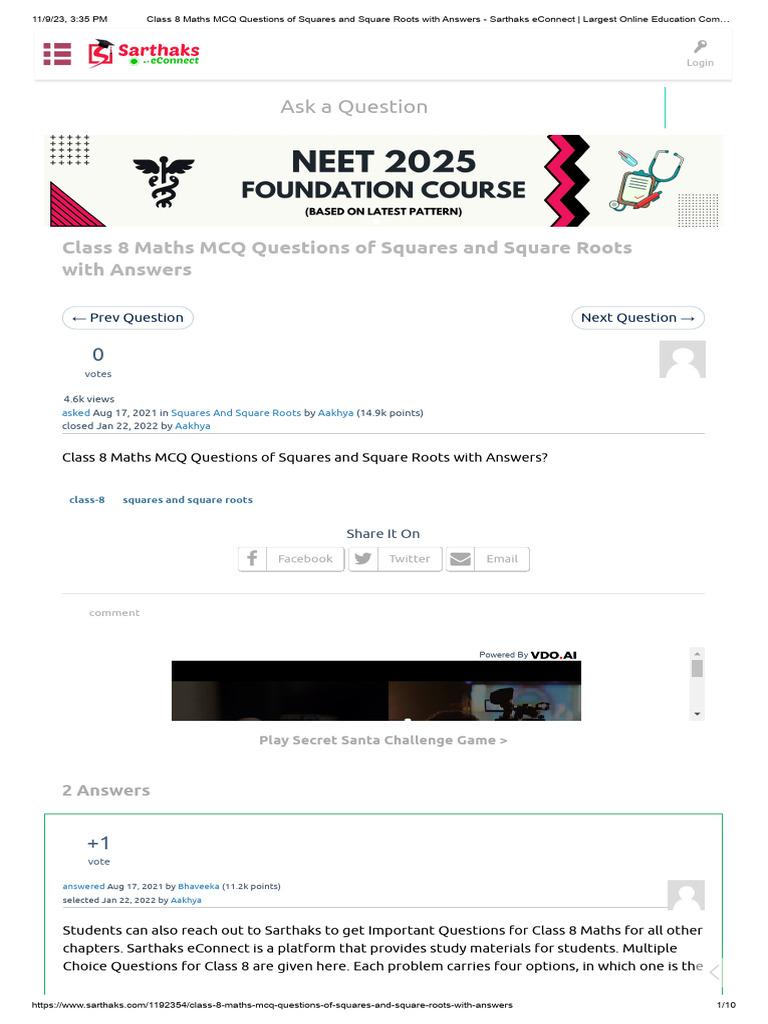 Class 8 Maths MCQ Questions of Squares and Square Roots With Answers ...