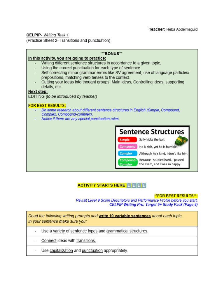 Celpip writing task 1 punctuation and transition practice sheet