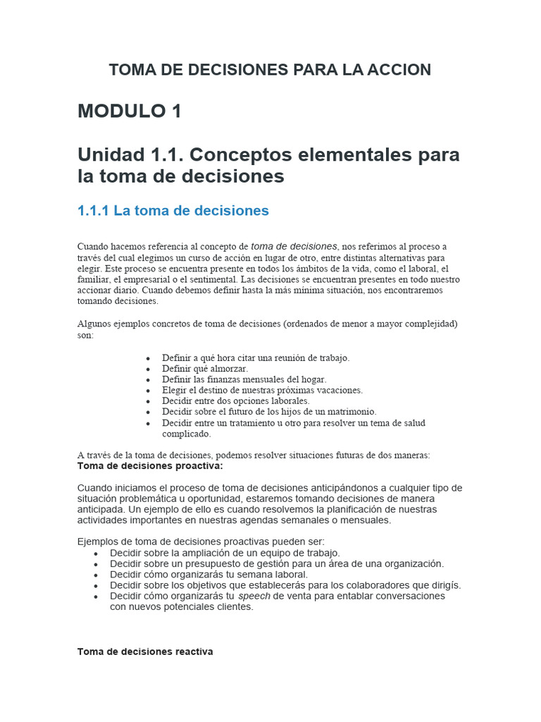 TOMA DE DECISIONES PARA LA ACCION - Modulo 1 - TECLAB | PDF | Toma de ...