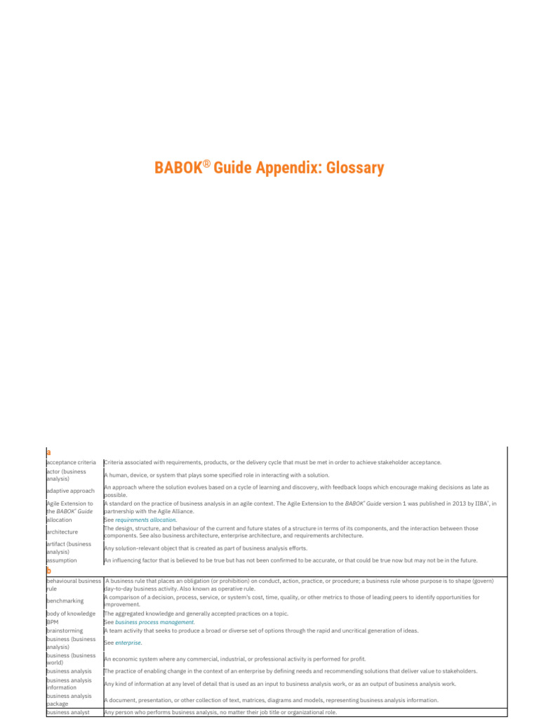 BABOK Guide Appendix Glossary | PDF | Business Analysis | Use Case