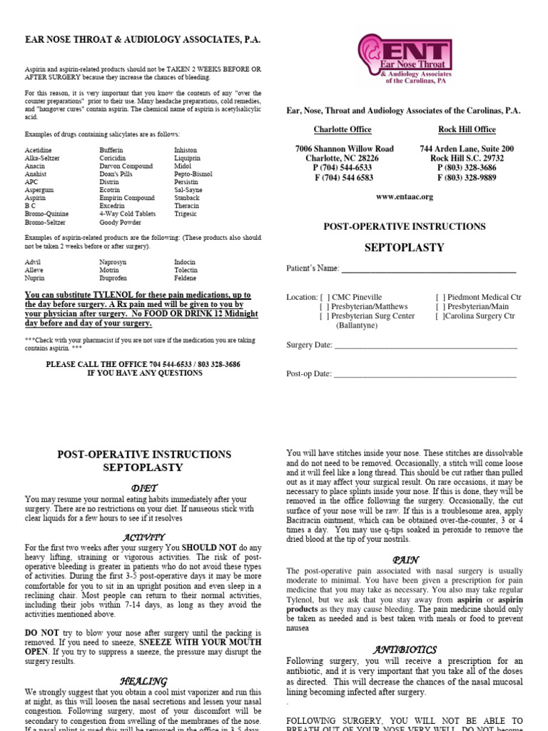 Septoplasty Pre & Post-Op Guidelines | PDF | Surgery | Aspirin