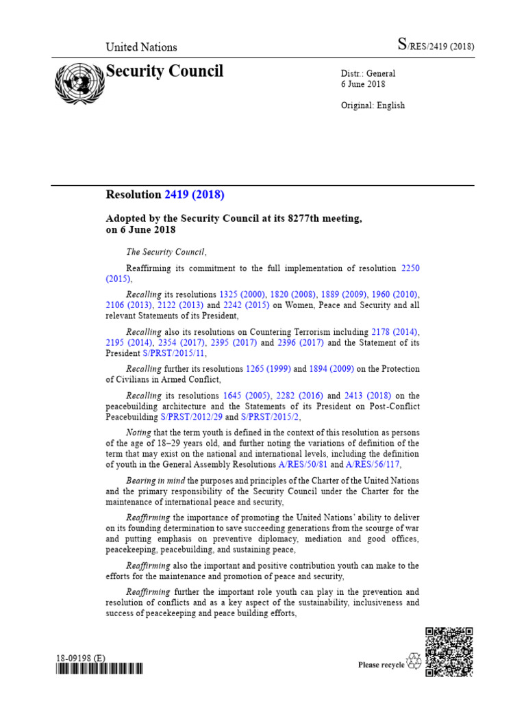 UN Resolution 2419 on Youth and Peace | PDF | Peacebuilding | Justice