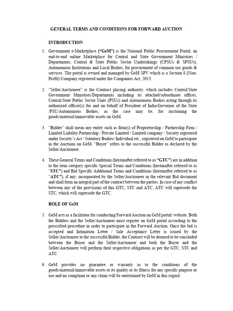 GeM Forward Auction Terms and Conditions | PDF | Auction | Arbitration