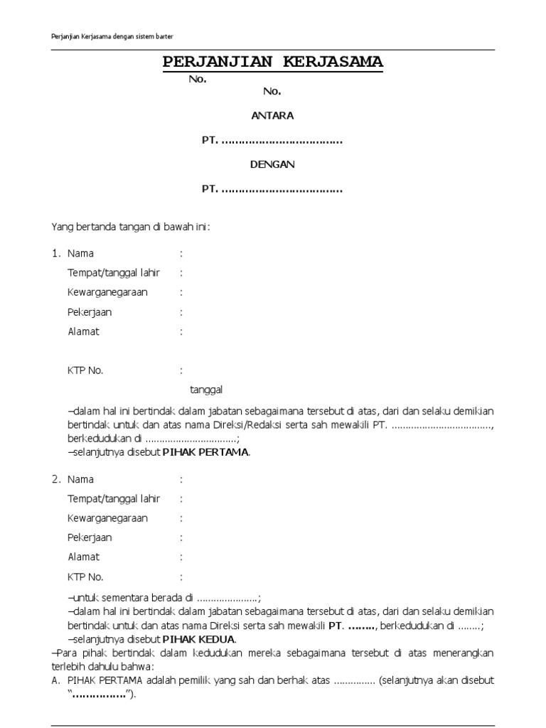 Draft Perjanjian Kerjasama Dengan Sistem Barter Pdf