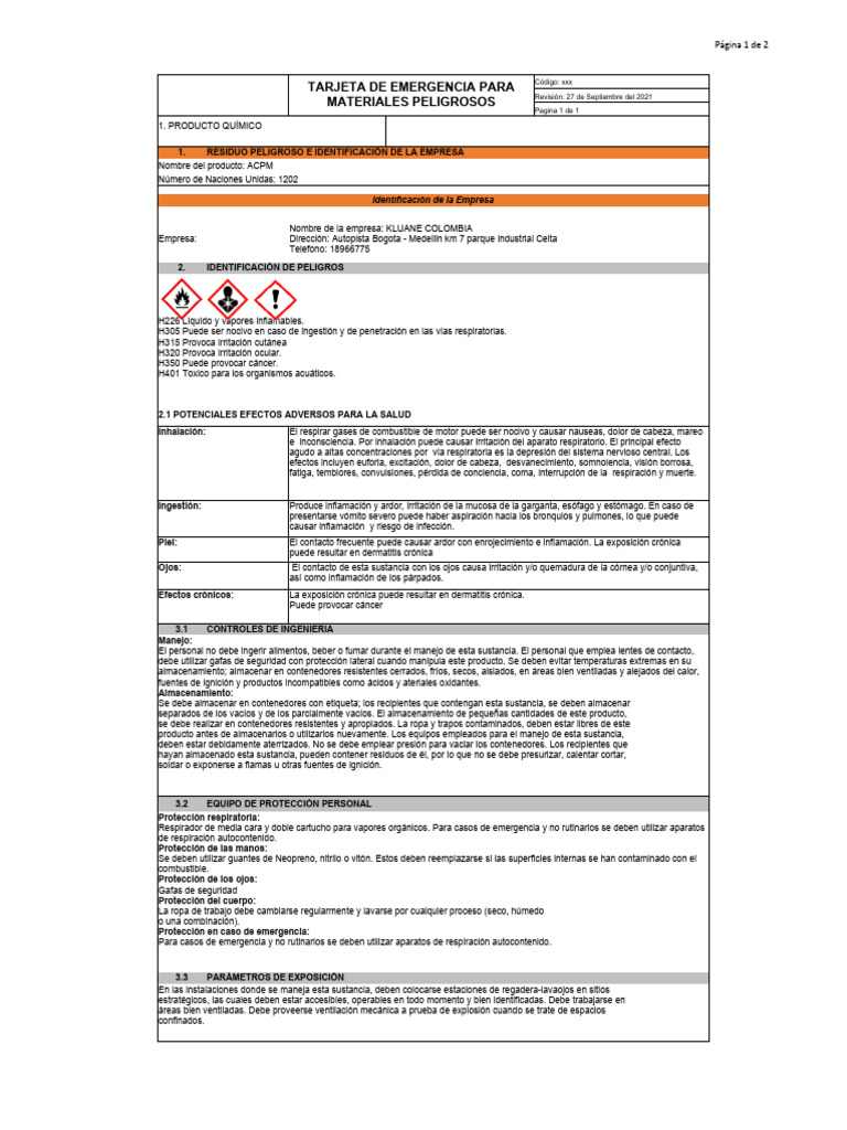 Tarjeta de Emergencia ACPM | PDF | Combustión | Agua