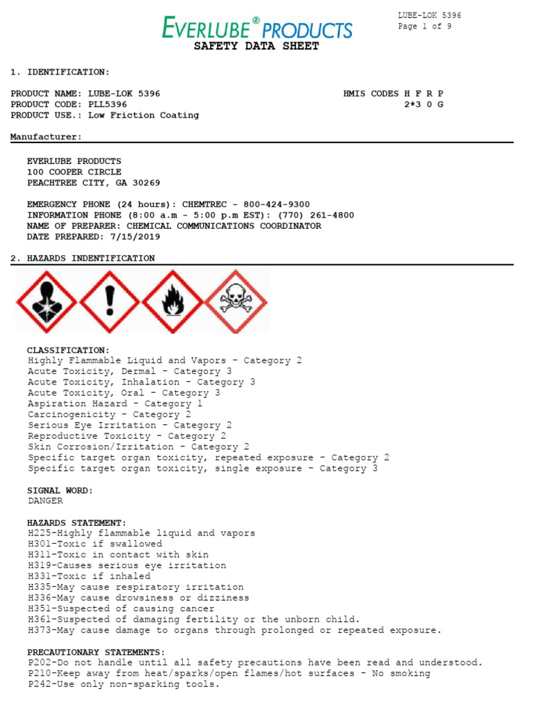 Lube Lok 5396 MSDS PDF Dangerous Goods Toxicity