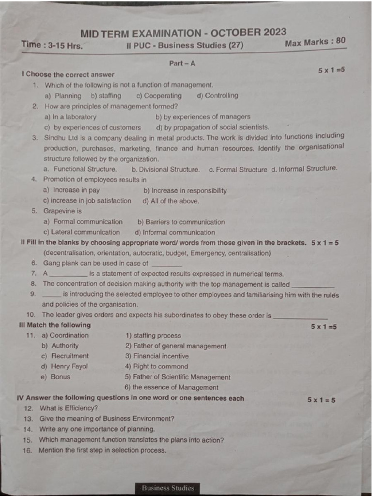 2 PUC Business Studies Mid Term Exam Question Paper PDF