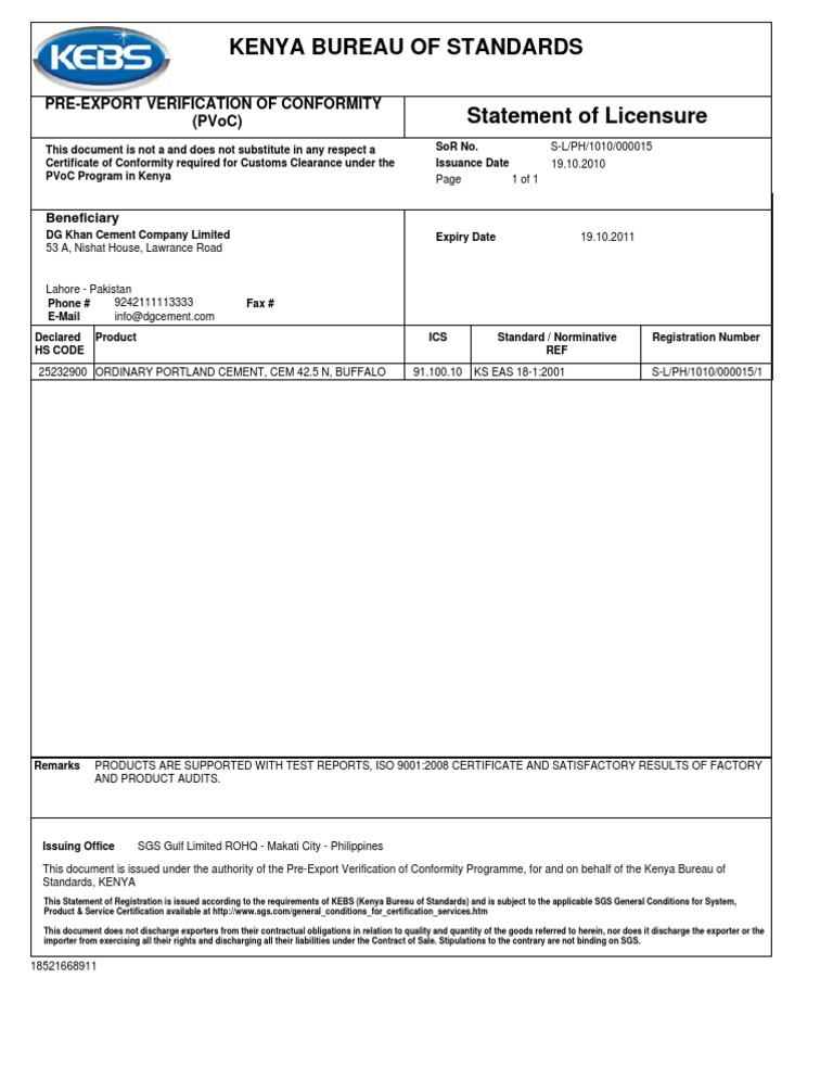KEBS Pre-Export Verification Statement | PDF