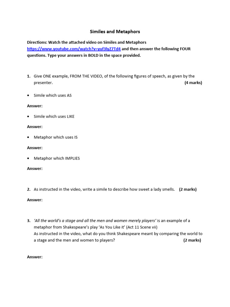 Form 1 English Similes and Metaphors PDF