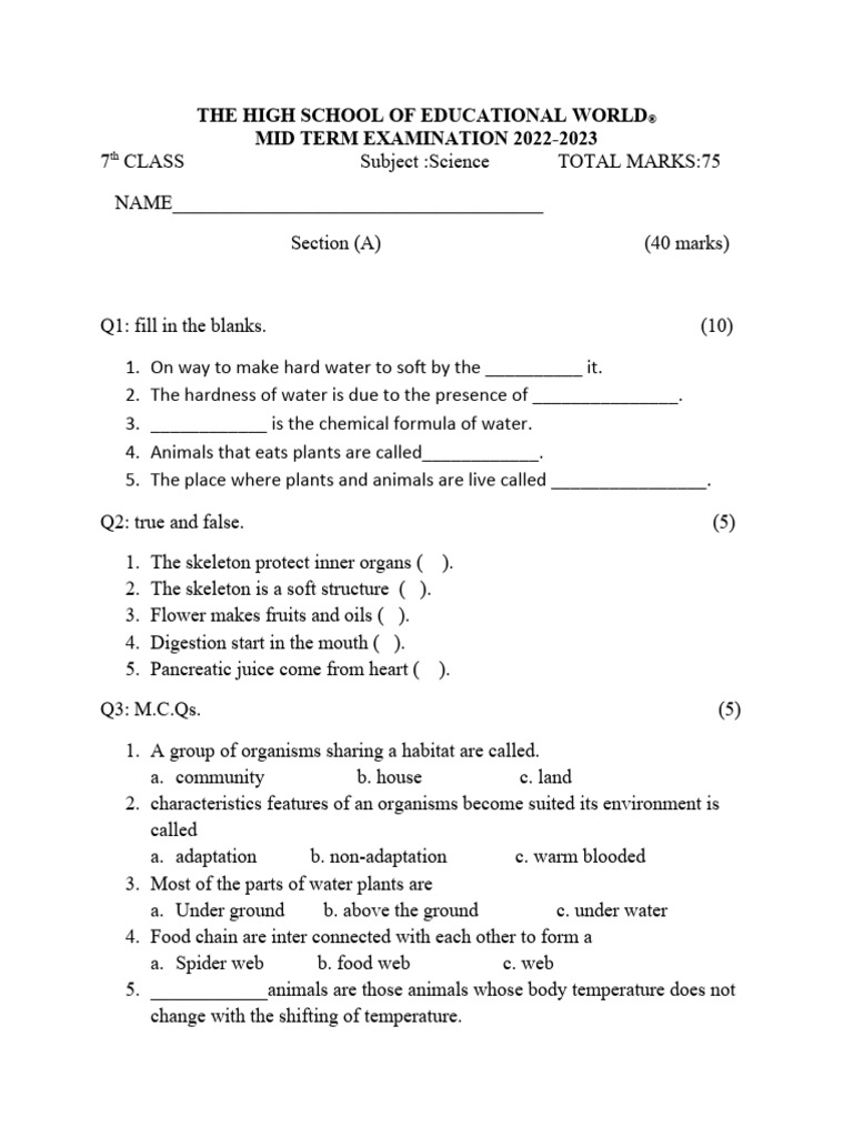 Classs 7 paper pdf water plants