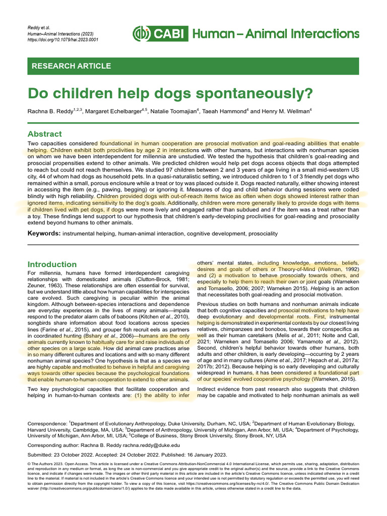 Reddy Et Al 2023 Do Children Help Dogs Spontaneously PDF Dogs