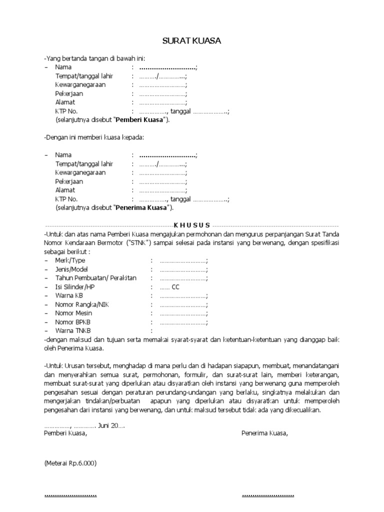 Contoh Surat Kuasa Stnk Hilang Contoh Spa