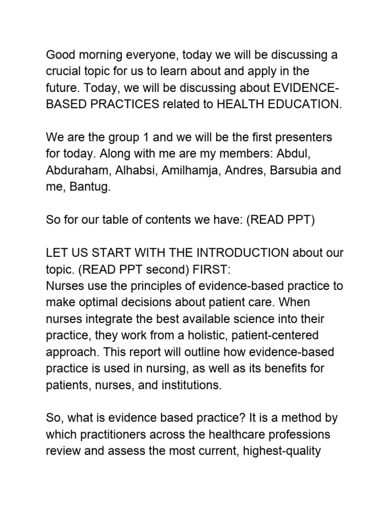 EBP Script | PDF | Evidence Based Practice | Evidence Based Medicine